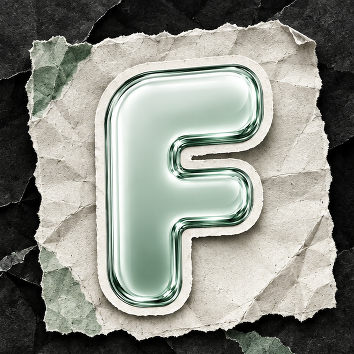 Mint F mascot on a torn crumpled-paper card