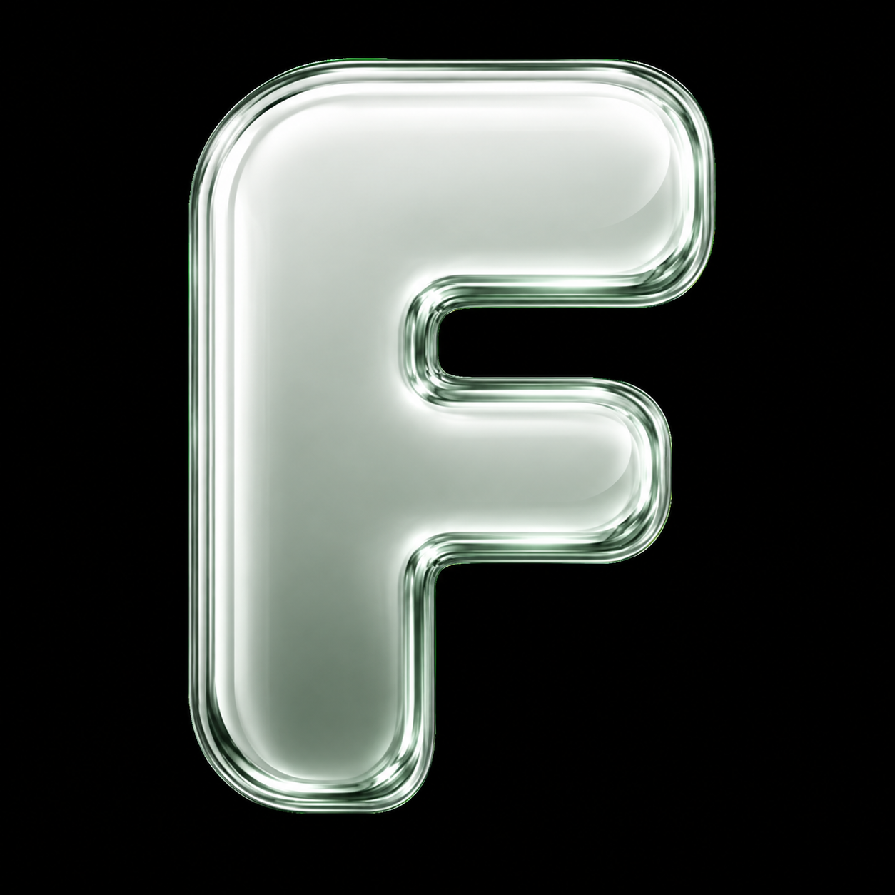 Glossy mint F mascot on a dark background