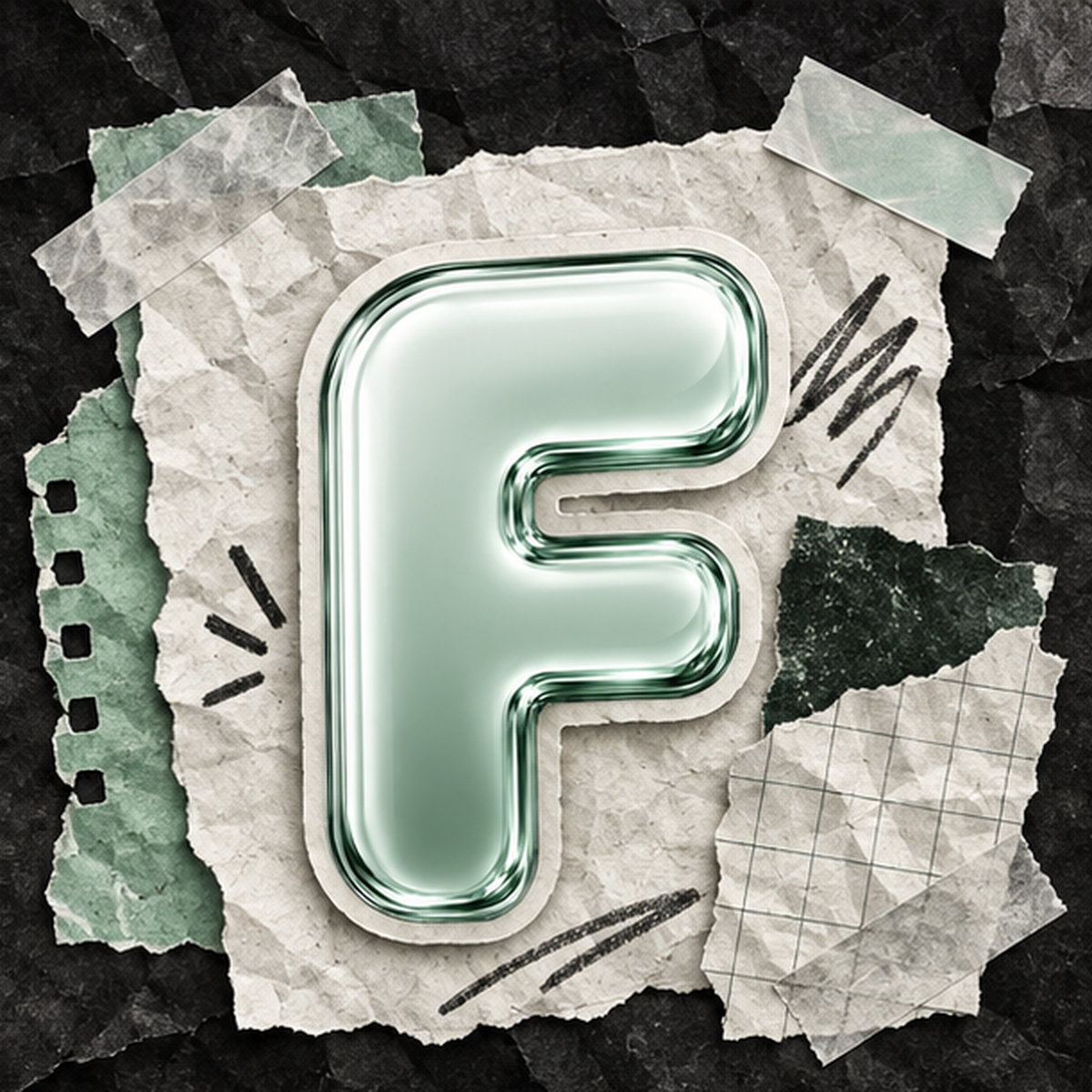 Mint F mascot in a taped paper collage